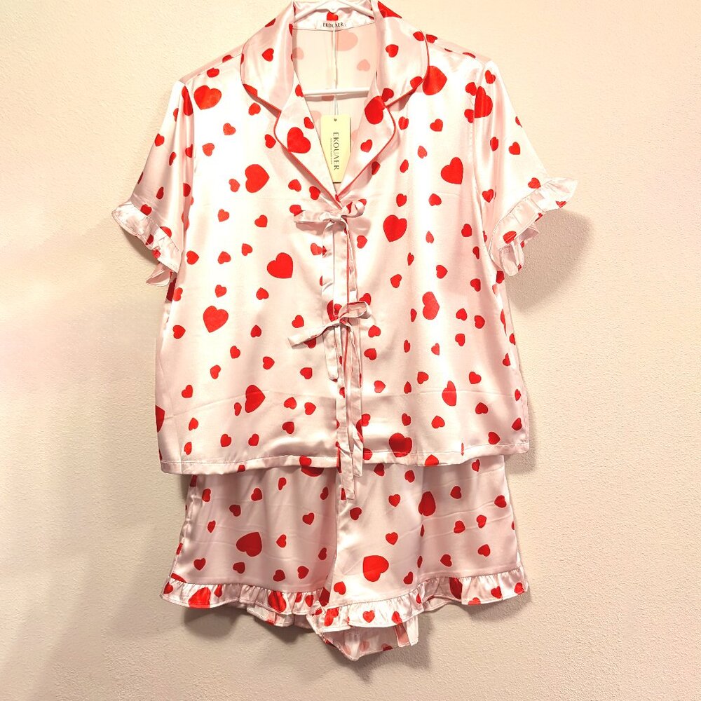 Sexy Satin Tie-Front Heart Pajama Lounge Set Coquette Babydoll Ruffle Bow LRG
